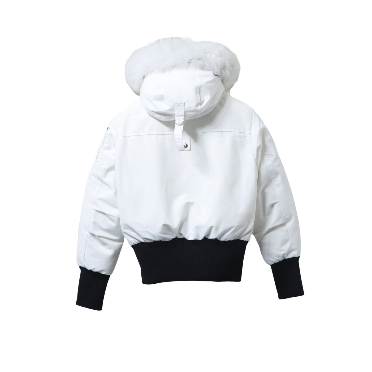 Moose Knuckles Original Debbie Bomber Jacket — White Fur Hood, Fur Pom Pocket, Black Contrast Ribbing (White)