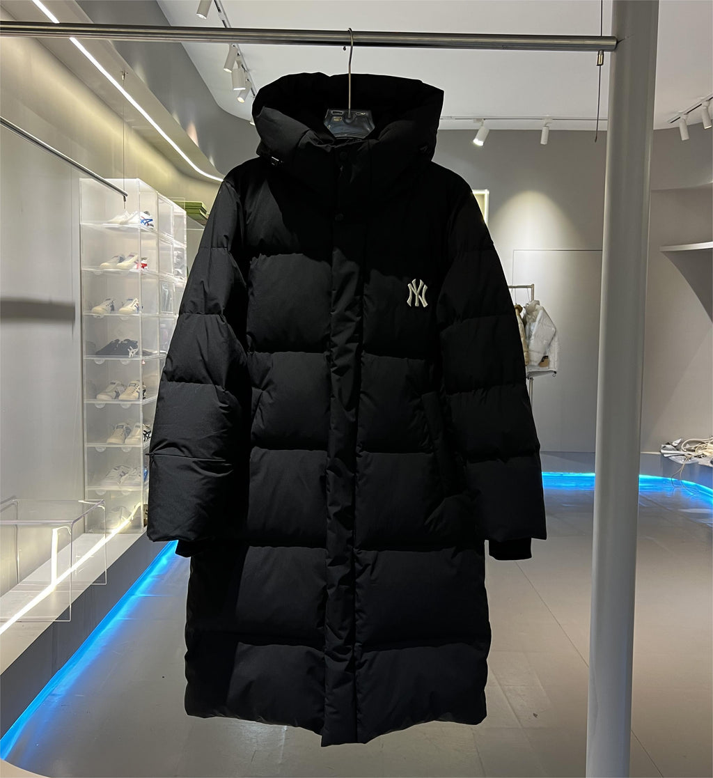 MLB NY Yankees Long Down Parka — Oversized Quilted, Hooded (Black & Khaki)