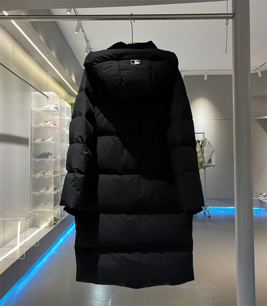 MLB NY Yankees Long Down Parka — Oversized Quilted, Hooded (Black & Khaki)