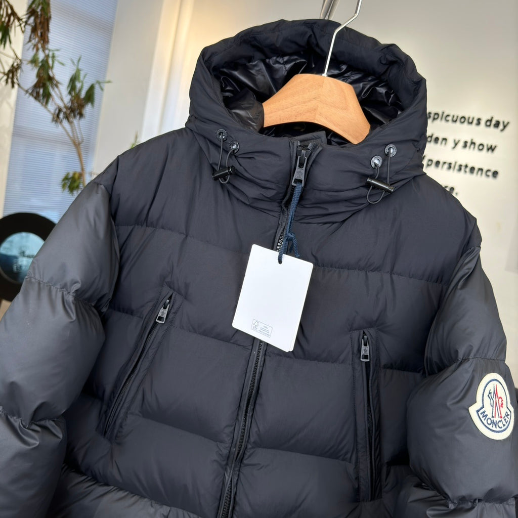Moncler Bosona Long Down Jacket — Oversized, Large Badge, Dual Chest Pockets (Black)