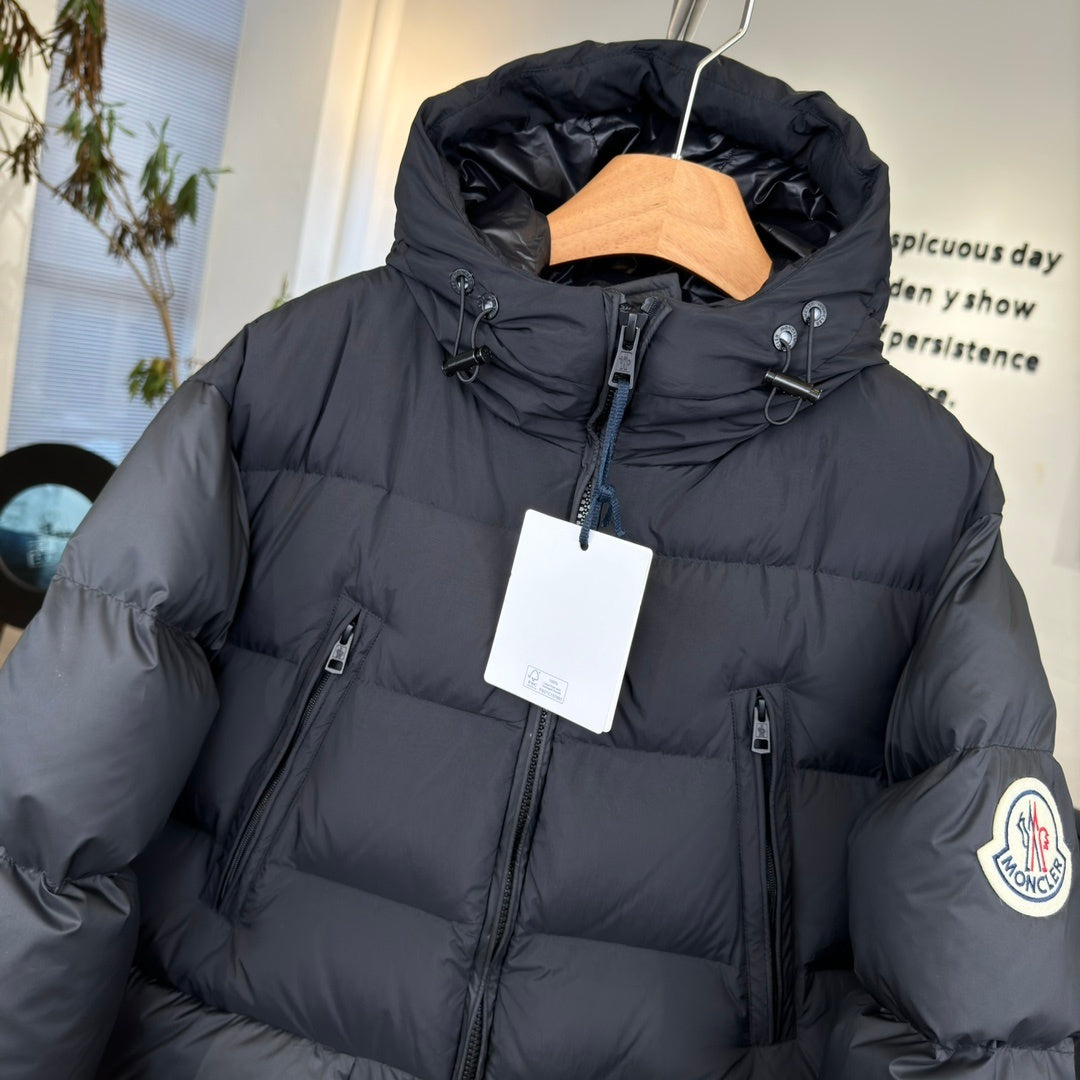Moncler Bosona Long Down Jacket — Oversized, Large Badge, Dual Chest Pockets (Black)
