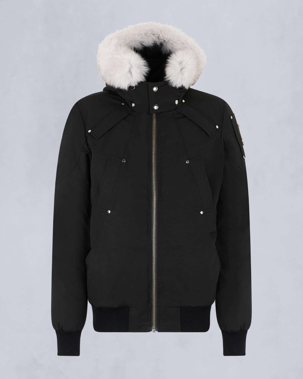 Moose Knuckles Original Ballistic Neoshear Bomber — White Fur Hood, Four-Pocket, Silver Hardware (Black)