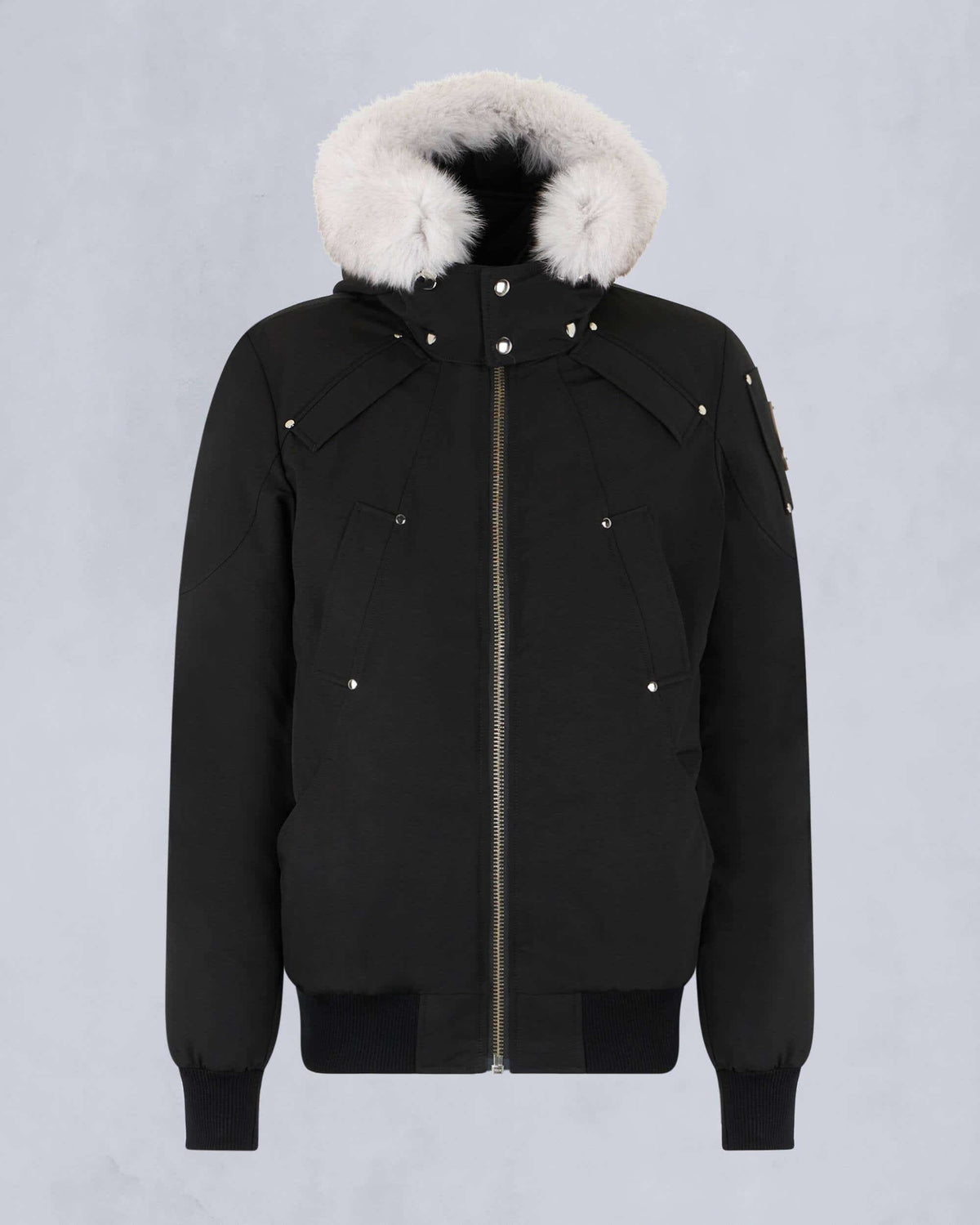 Moose Knuckles Original Ballistic Neoshear Bomber — White Fur Hood, Four-Pocket, Silver Hardware (Black)