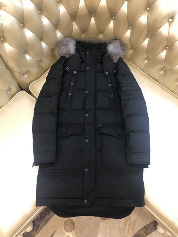 Moose Knuckles Long Military Down Jacket with Fur Hood