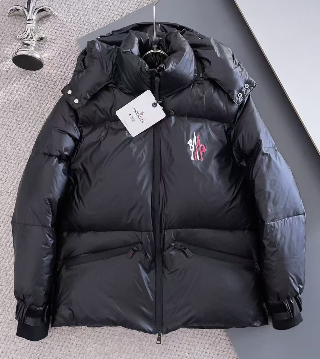 Moncler Stand Collar Hooded Down Jacket – Graffiti Logo Glossy Black Puffer