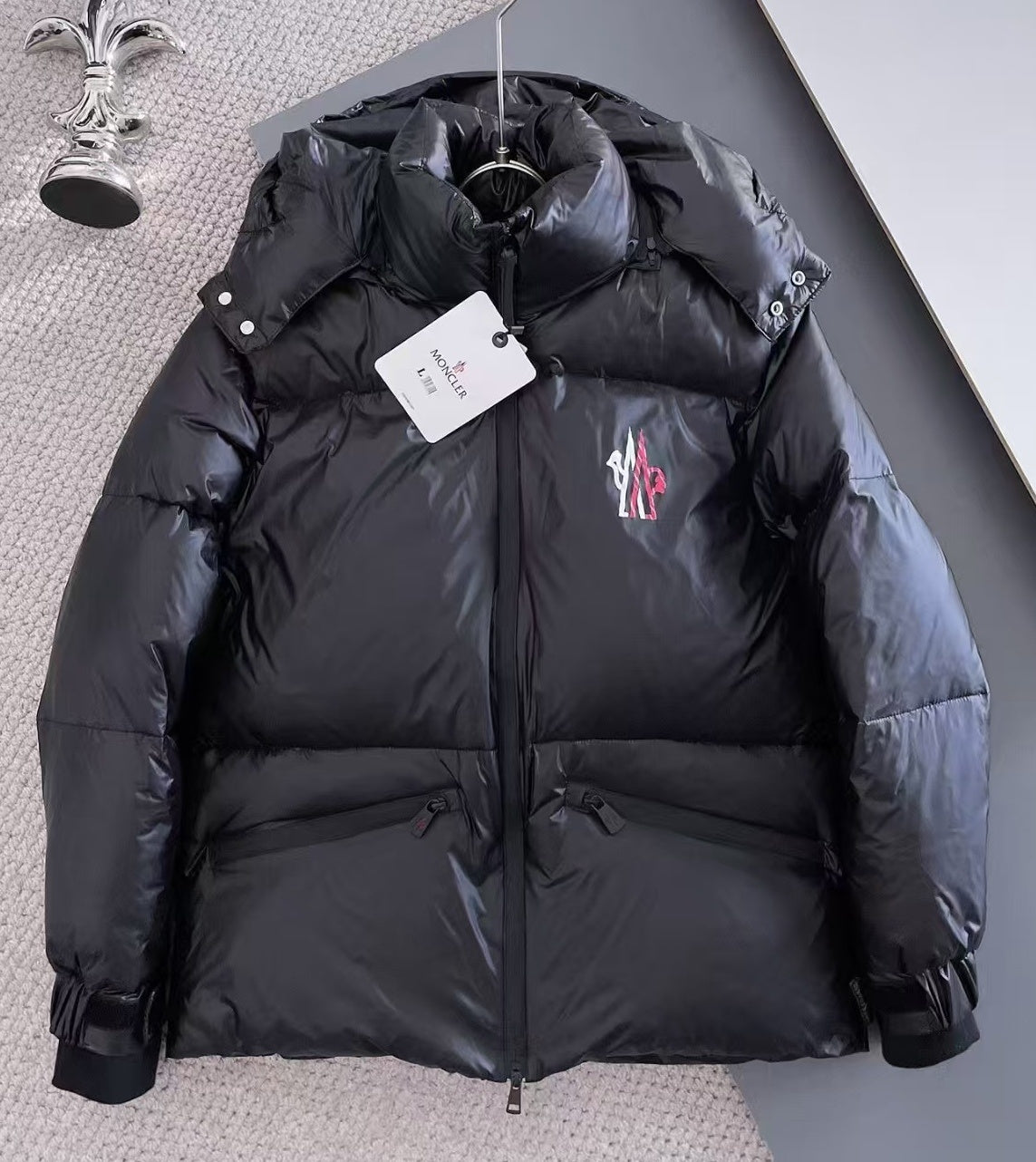Moncler Stand Collar Hooded Down Jacket – Graffiti Logo Glossy Black Puffer