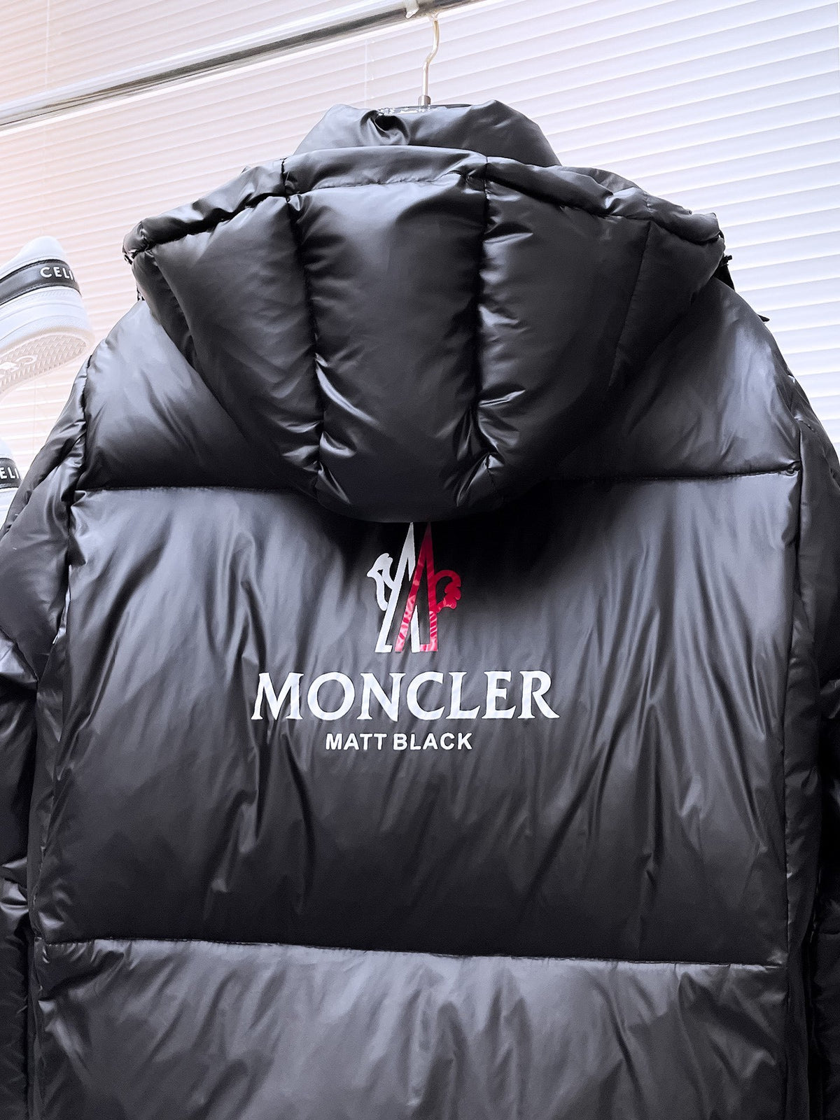 Moncler Stand Collar Hooded Down Jacket – Graffiti Logo Glossy Black Puffer
