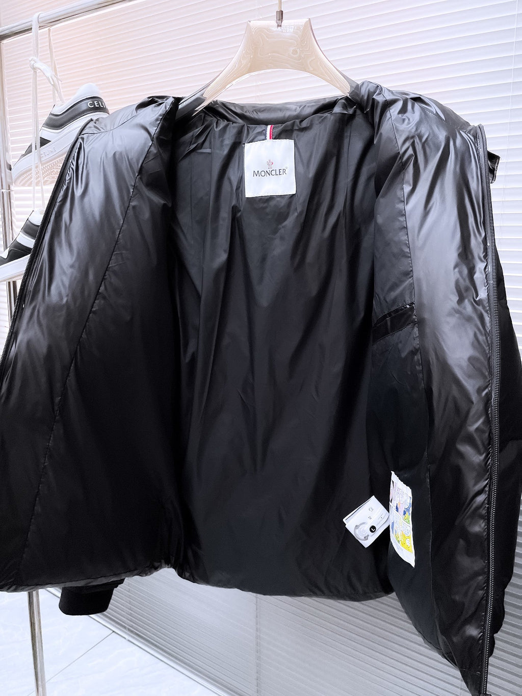 Moncler Stand Collar Hooded Down Jacket – Graffiti Logo Glossy Black Puffer