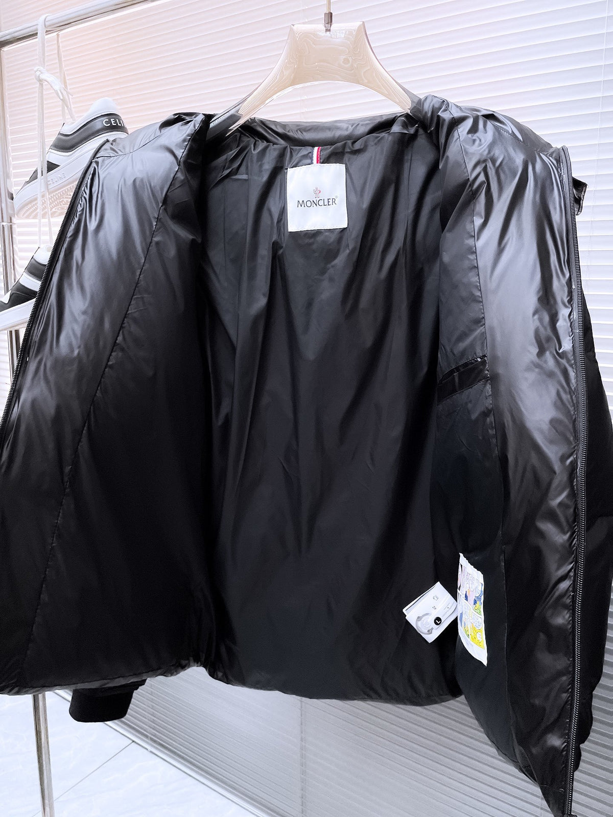 Moncler Stand Collar Hooded Down Jacket – Graffiti Logo Glossy Black Puffer