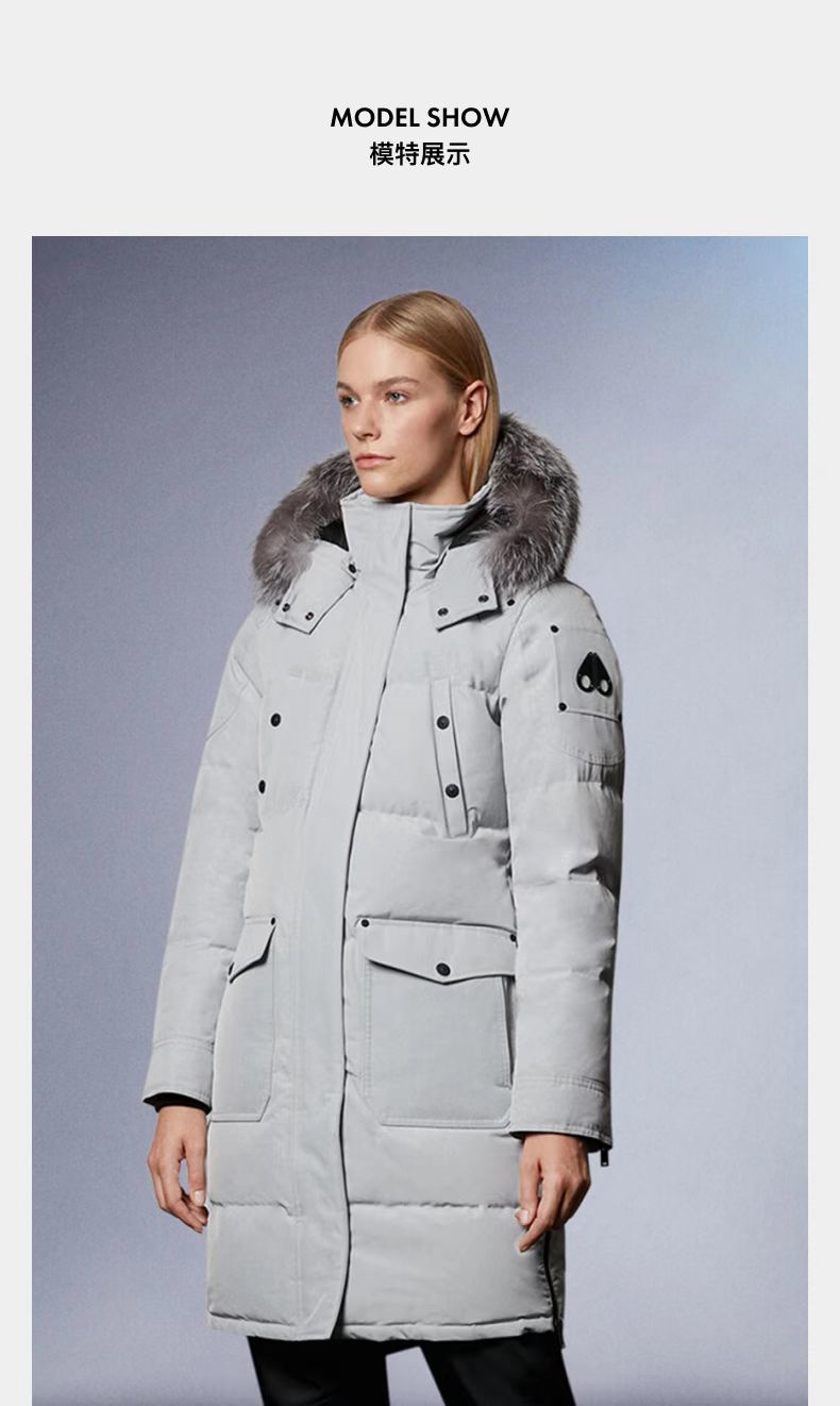 Moose Knuckles Long Military Down Jacket with Fur Hood