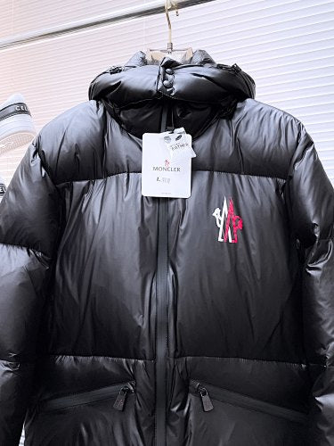 Moncler Stand Collar Hooded Down Jacket – Graffiti Logo Glossy Black Puffer