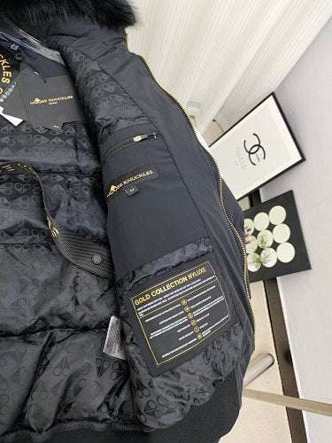 Moose Knuckles Fur-Trim Bomber Down Jacket – Navy