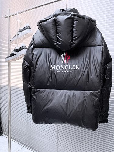 Moncler Stand Collar Hooded Down Jacket – Graffiti Logo Glossy Black Puffer