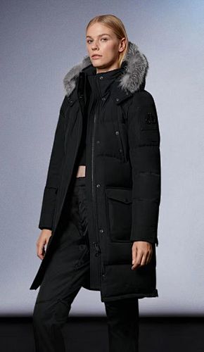 Moose Knuckles Long Military Down Jacket with Fur Hood