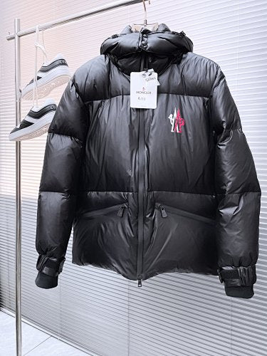 Moncler Stand Collar Hooded Down Jacket – Graffiti Logo Glossy Black Puffer