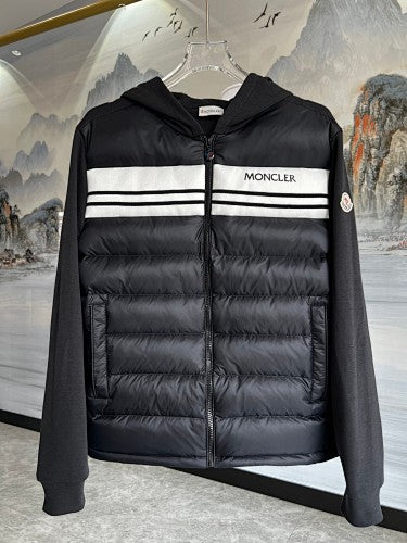 Moncler Hooded Knit-Splice Down Jacket – Hybrid Puffer with Knit Panels