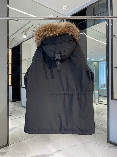 MLB Logo Hooded Down Jacket – Fur Collar Parka in White, Black, Green & Navy