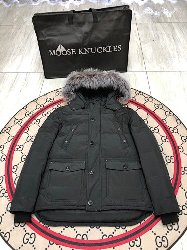 Moose Knuckles Men's Military Down Jacket with Fur Hood – Cream