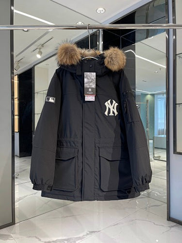 MLB Logo Hooded Down Jacket – Fur Collar Parka in White, Black, Green & Navy
