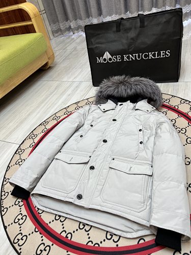 Moose Knuckles Men's Military Down Jacket with Fur Hood – Cream