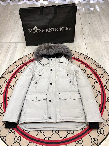Moose Knuckles Men's Military Down Jacket with Fur Hood – Cream