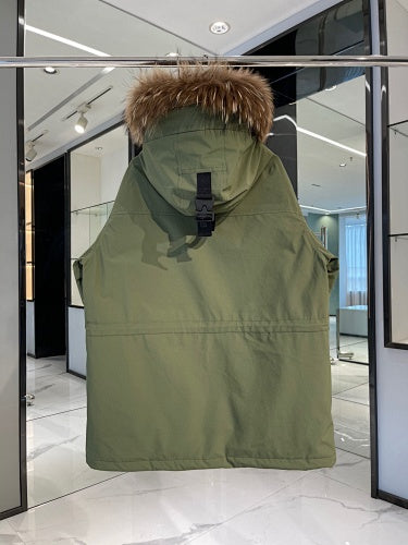 MLB Logo Hooded Down Jacket – Fur Collar Parka in White, Black, Green & Navy