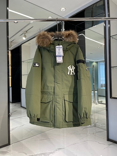 MLB Logo Hooded Down Jacket – Fur Collar Parka in White, Black, Green & Navy