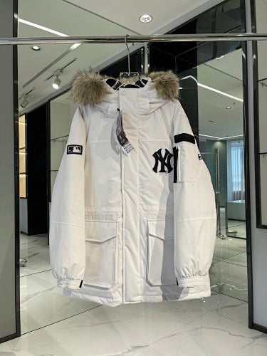 MLB Logo Hooded Down Jacket – Fur Collar Parka in White, Black, Green & Navy