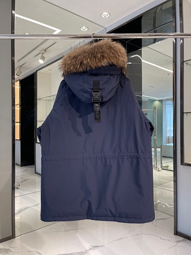 MLB Logo Hooded Down Jacket – Fur Collar Parka in White, Black, Green & Navy