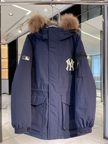 MLB Logo Hooded Down Jacket – Fur Collar Parka in White, Black, Green & Navy