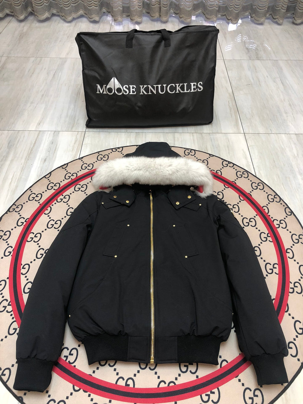 Moose Knuckles Down Bomber Jacket with White Fur Hood — Men's