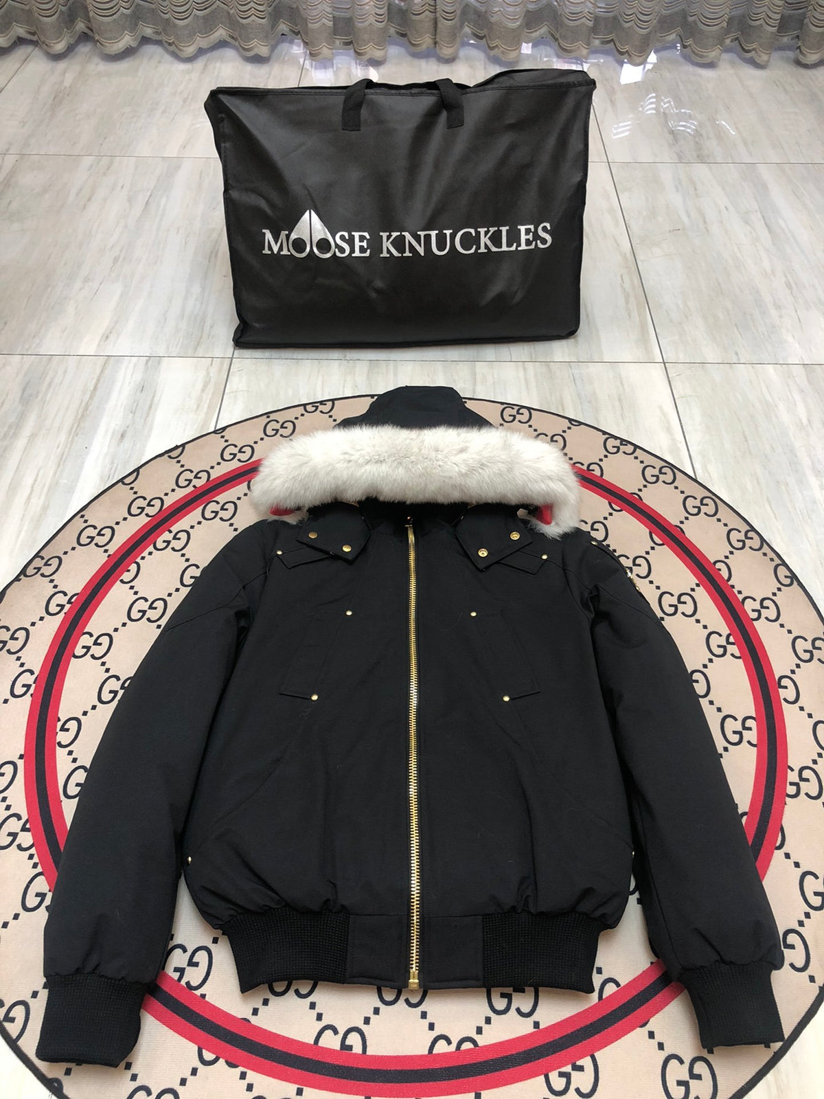 Moose Knuckles Down Bomber Jacket with White Fur Hood — Men's