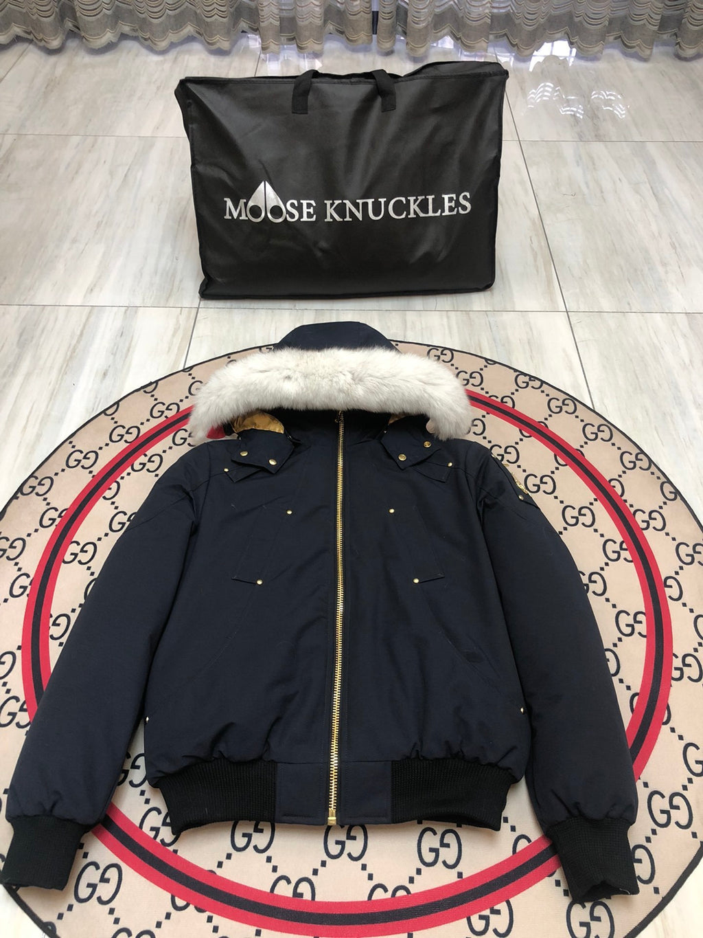 Moose Knuckles Down Bomber Jacket with White Fur Hood — Men's