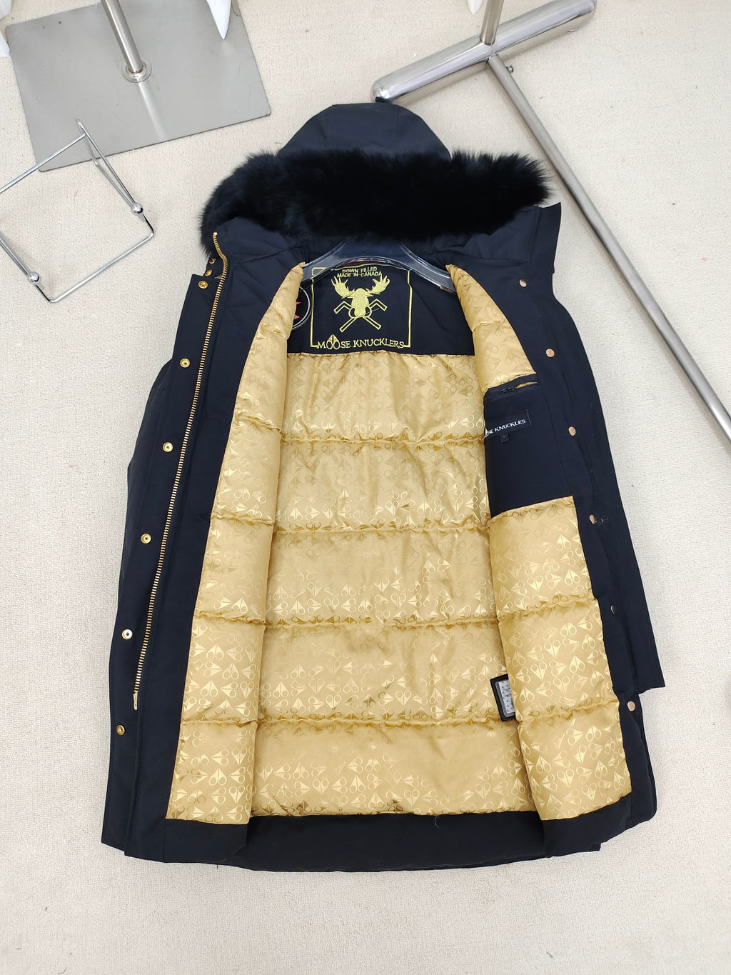 Moose Knuckles Long Parka with Black Fur Hood & Pom-Poms — Women's