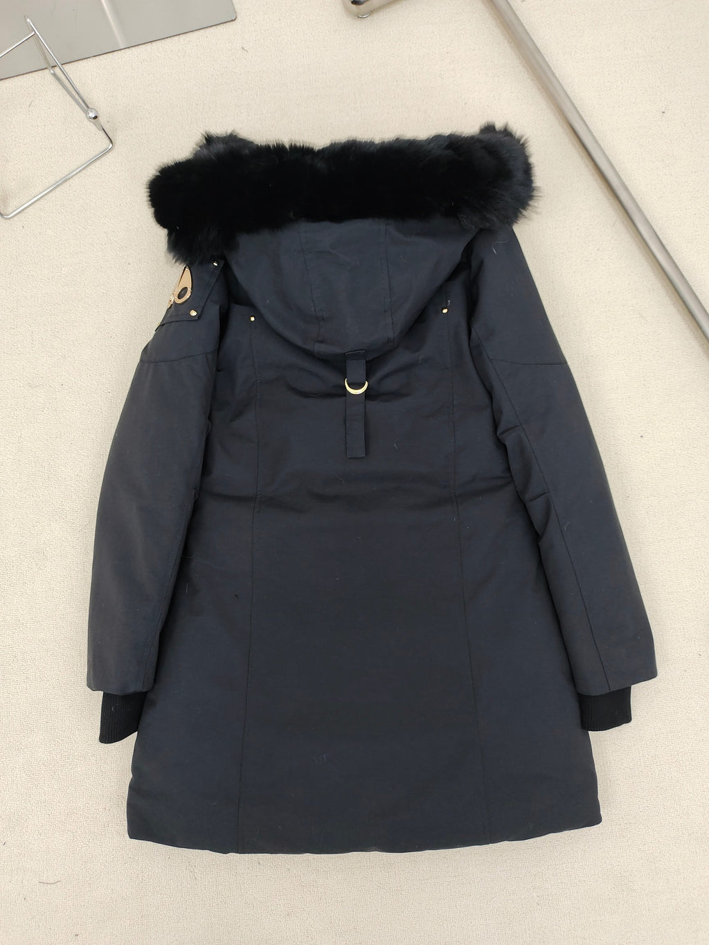 Moose Knuckles Long Parka with Black Fur Hood & Pom-Poms — Women's