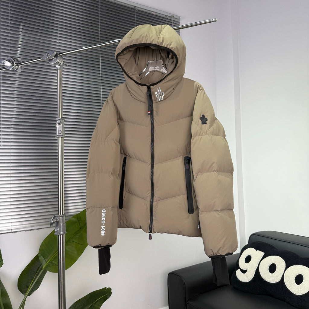 Moncler Grenoble Arcesaz Down Jacket — Dual-Zip, Grenoble Badge, Oversized Hood (Black & Sand)