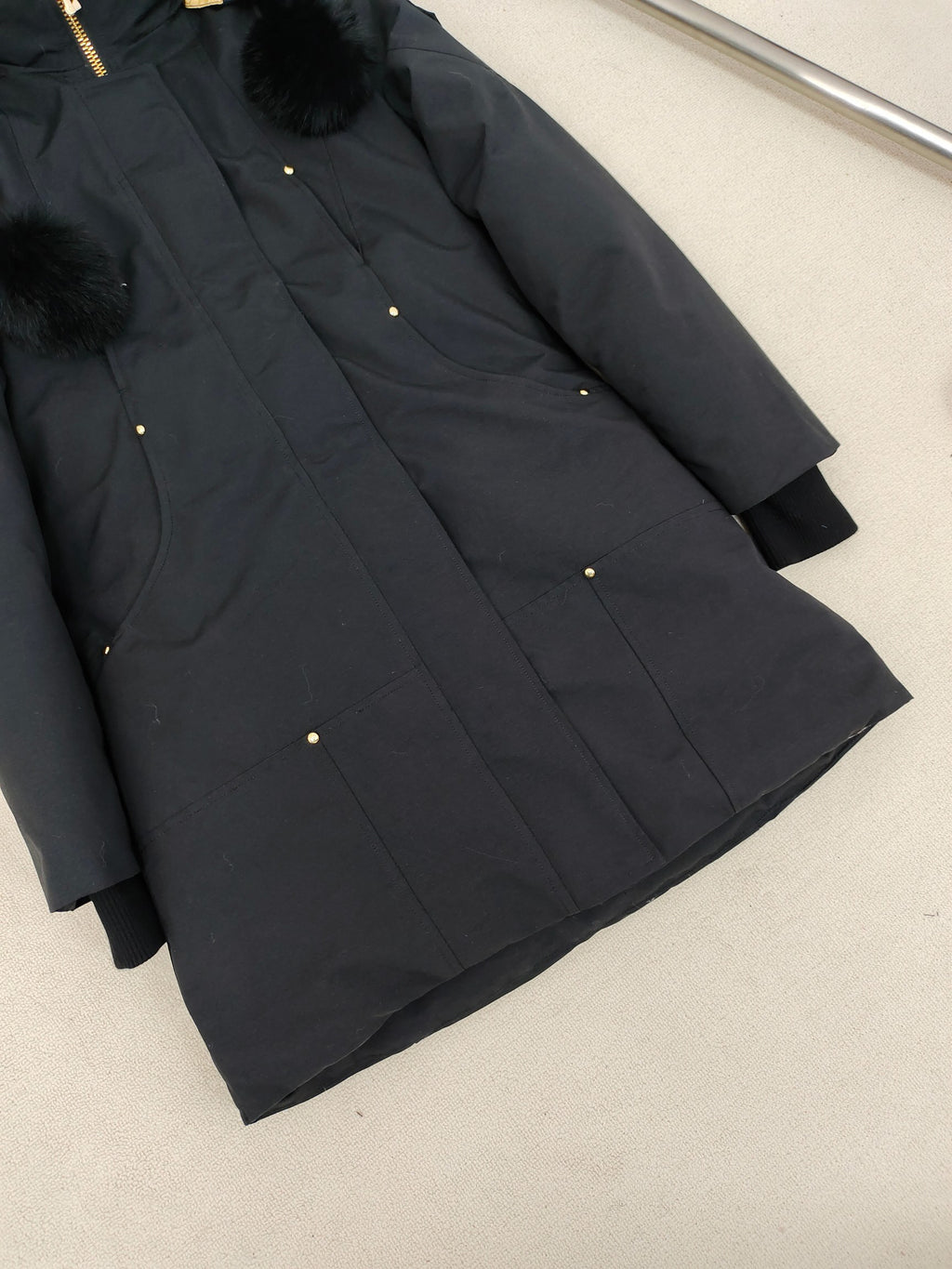 Moose Knuckles Long Parka with Black Fur Hood & Pom-Poms — Women's