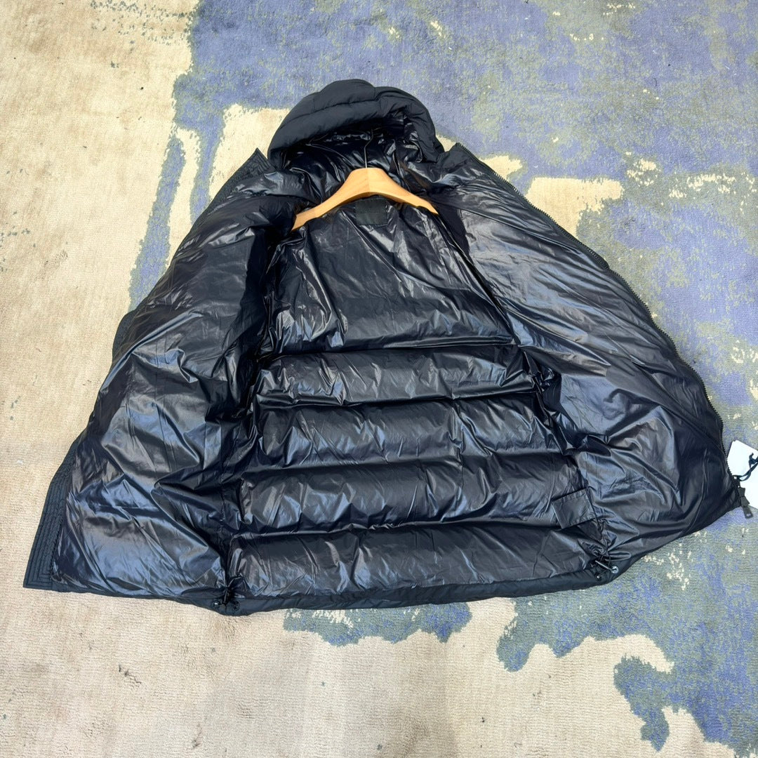 Moncler Bosona Long Down Jacket — Oversized, Large Badge, Dual Chest Pockets (Black)