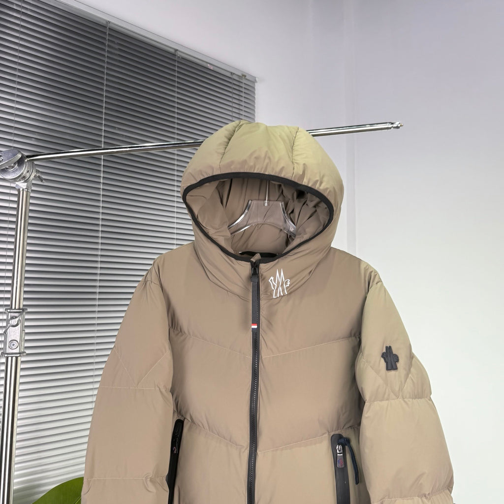 Moncler Grenoble Arcesaz Down Jacket — Dual-Zip, Grenoble Badge, Oversized Hood (Black & Sand)