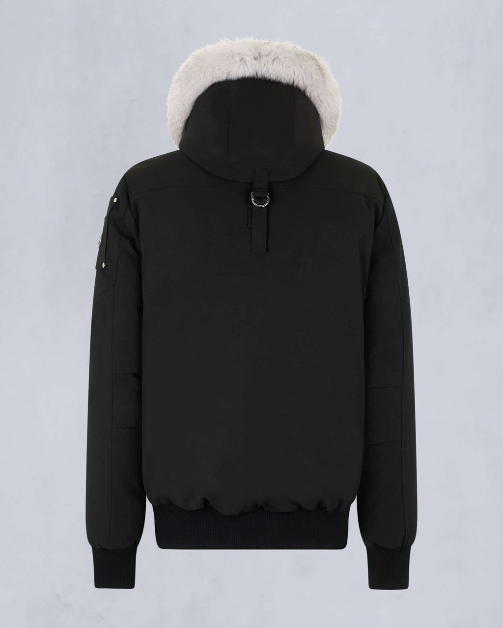 Moose Knuckles Original Ballistic Neoshear Bomber — White Fur Hood, Four-Pocket, Silver Hardware (Black)