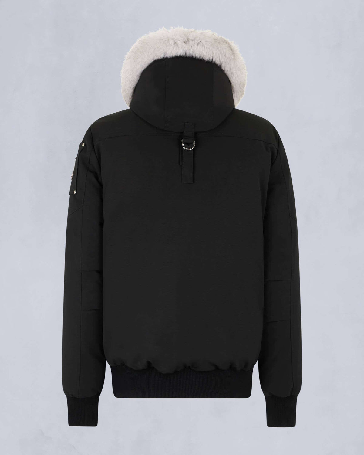 Moose Knuckles Original Ballistic Neoshear Bomber — White Fur Hood, Four-Pocket, Silver Hardware (Black)