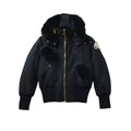 Moose Knuckles Gold Debbie Bomber 03 Down Jacket — Fur Hood, Gold Zip, Fur Pom Pockets (Black)