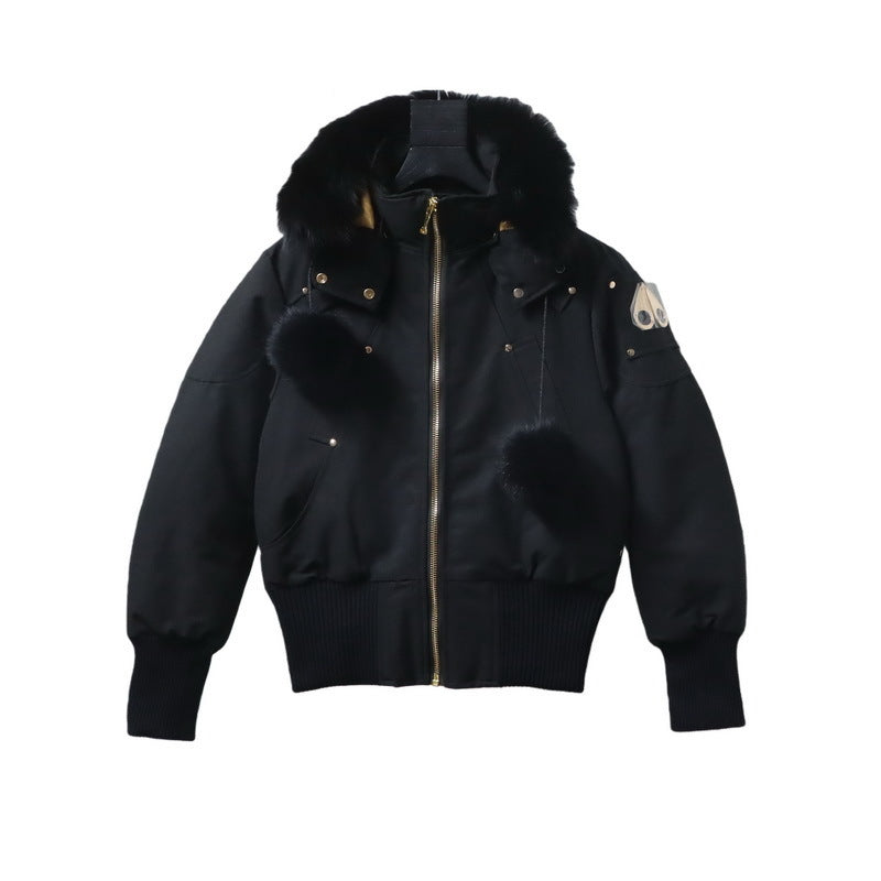 Moose Knuckles Gold Debbie Bomber 03 Down Jacket — Fur Hood, Gold Zip, Fur Pom Pockets (Black)