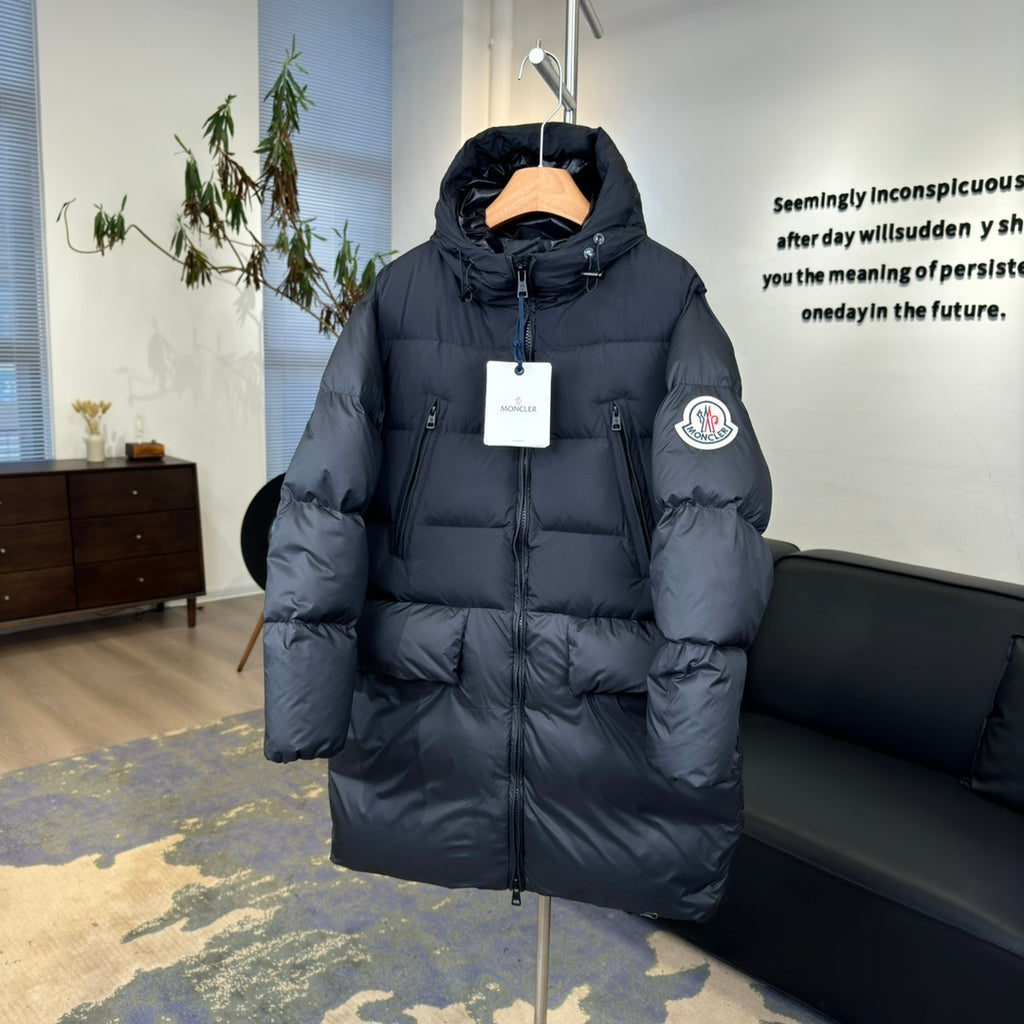 Moncler Bosona Long Down Jacket — Oversized, Large Badge, Dual Chest Pockets (Black)