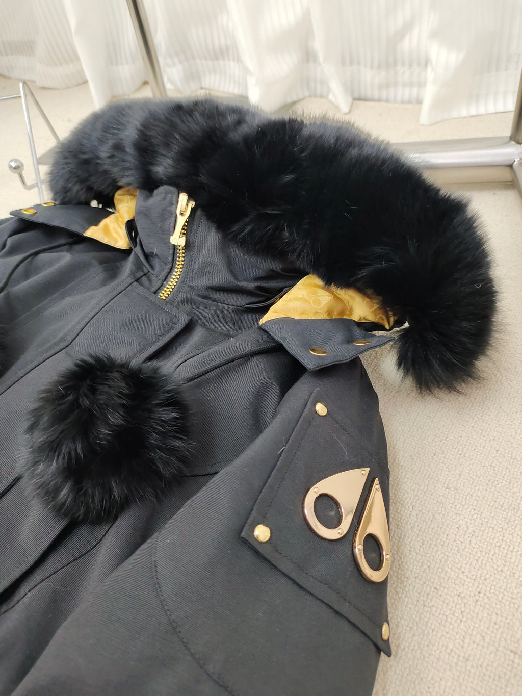 Moose Knuckles Long Parka with Black Fur Hood & Pom-Poms — Women's
