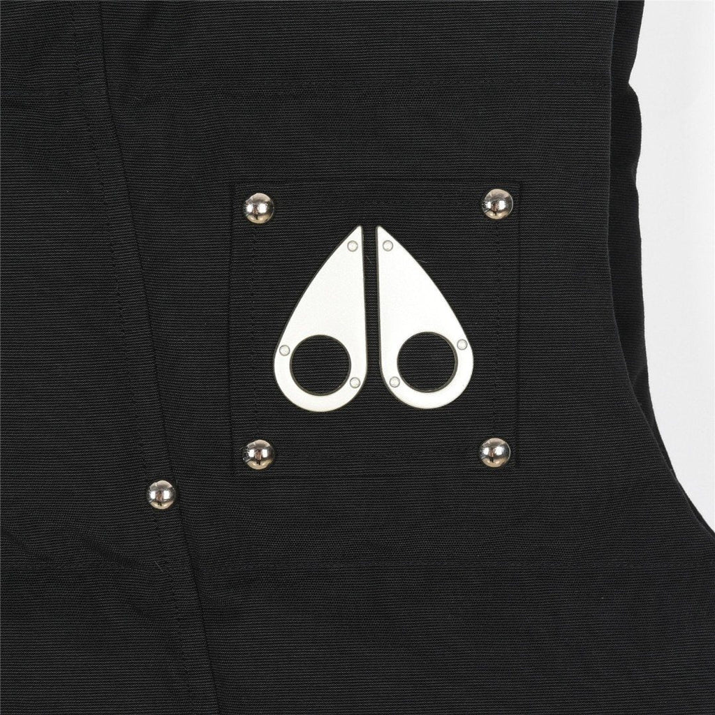 Moose Knuckles Down Vest — Metal Handcuff Badge, Silver Studs, Dual Pockets (Black / White)