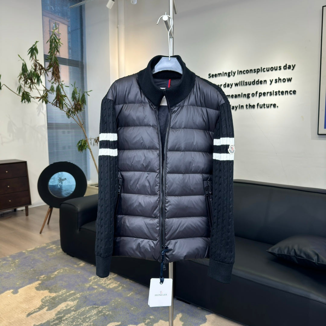Moncler Knit-Spliced Stripe Down Jacket