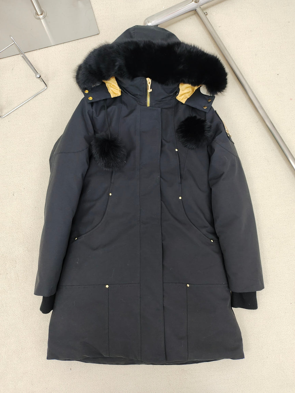 Moose Knuckles Long Parka with Black Fur Hood & Pom-Poms — Women's