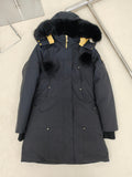 Moose Knuckles Long Parka with Black Fur Hood & Pom-Poms — Women's