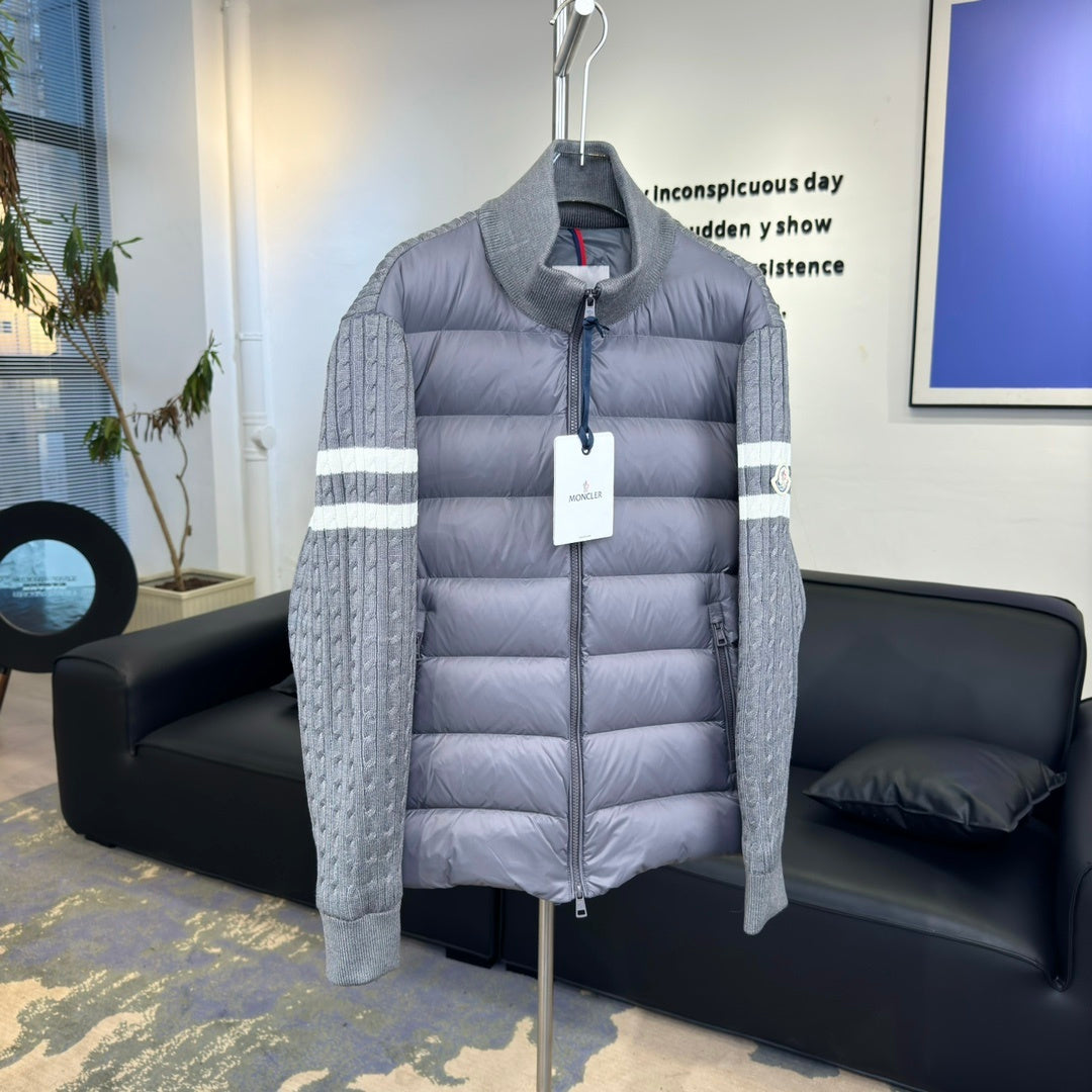 Moncler Knit-Spliced Stripe Down Jacket